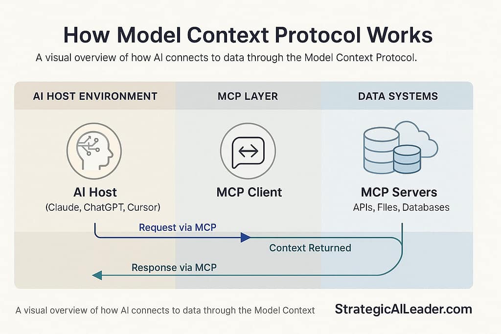 Flat-style diagram illustrating how Model Context Protocol connects AI hosts to MCP clients and data systems with labeled arrows showing requests, responses, and returned context.