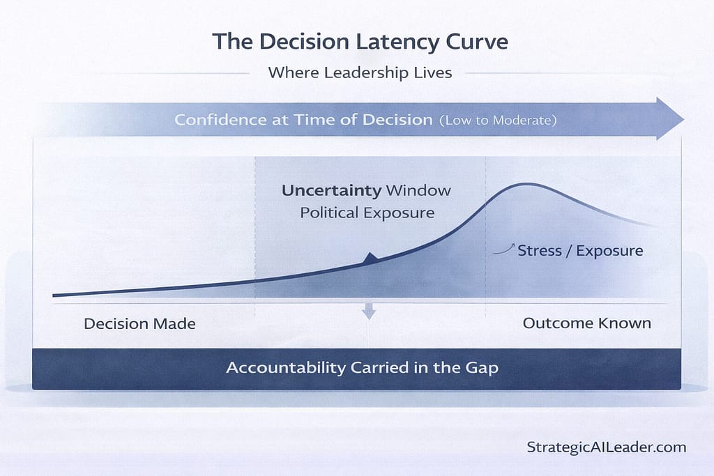 Infographic showing the decision latency curve between decision made and outcome known with an uncertainty window and accountability gap