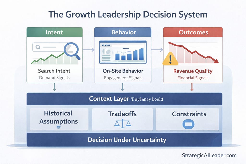 Growth leadership decision system showing intent, behavior, outcomes, context layer, and decision under uncertainty