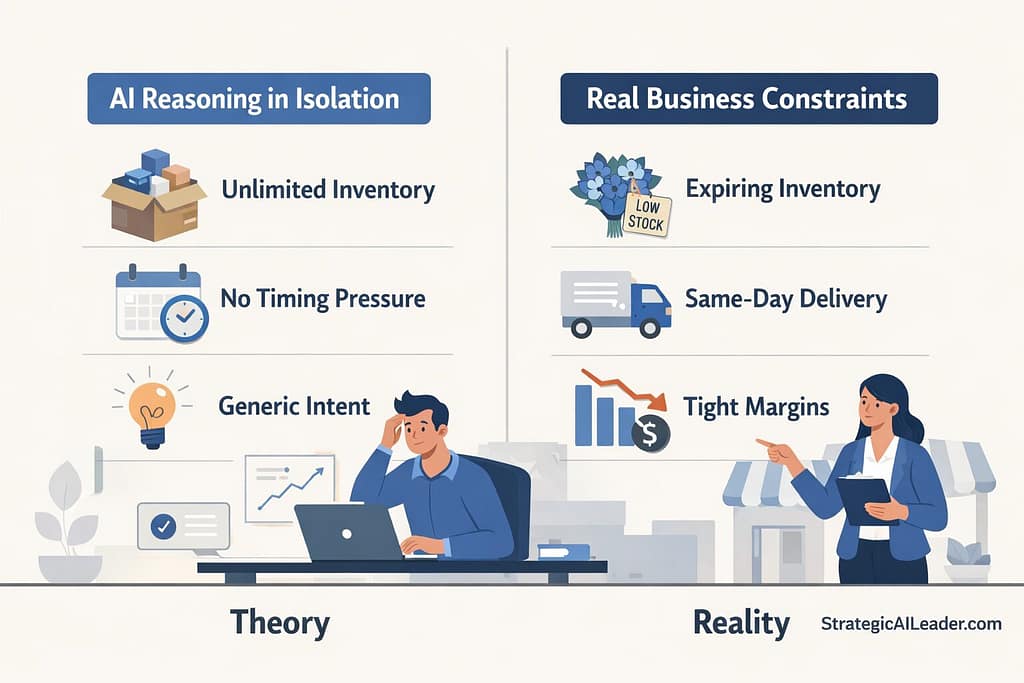 Flat style illustration showing a Model Context Protocol connecting Google Search Console intent, GA4 behavior, and Shopify outcomes to guide AI decisions using real business context