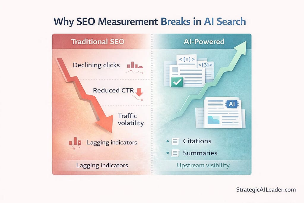 Flat-style infographic showing why SEO measurement breaks in AI search, with traditional SEO metrics like clicks and CTR declining while AI visibility metrics such as citations and summaries increase upstream.