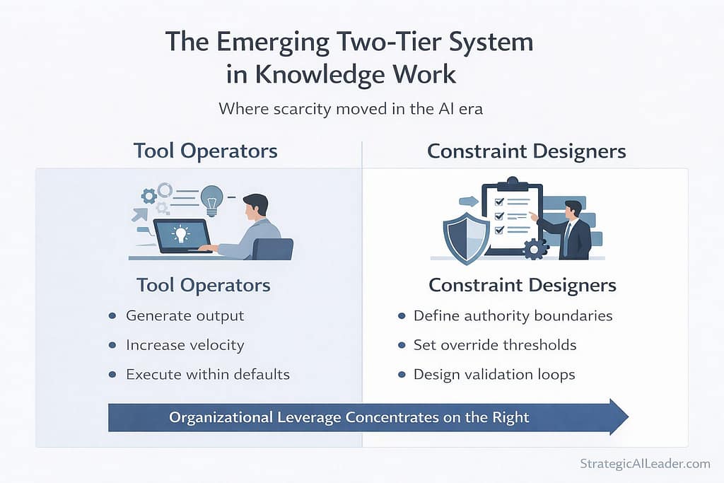 Flat-style executive infographic showing split between tool operators and constraint designers with organizational leverage concentrating on constraint designers
