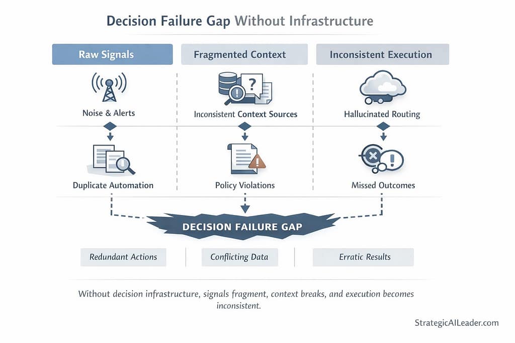 Decision Failure Gap diagram showing raw signals fragmented context and inconsistent execution leading to duplicate automation policy violations hallucinated routing missed outcomes and erratic results