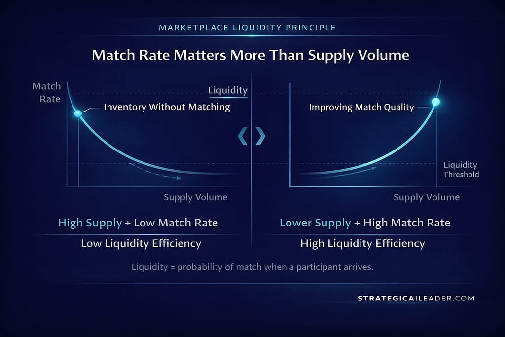 Diagram comparing marketplace performance showing high supply with low match rate versus lower supply with high match rate and their impact on liquidity efficiency