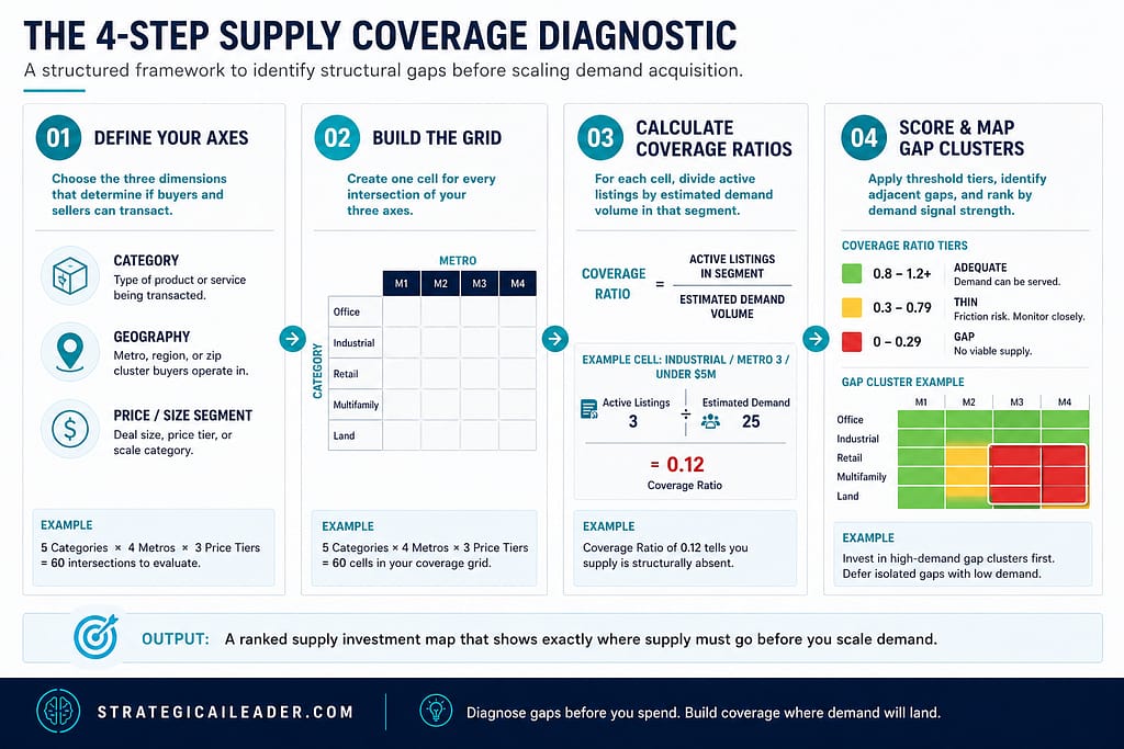 Four step marketplace supply coverage diagnostic showing axes definition grid construction coverage ratio calculation and gap cluster mapping workflow