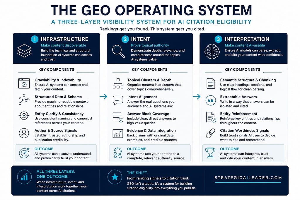 Three-layer GEO operating system diagram showing infrastructure, intent, and interpretation for AI citation visibility