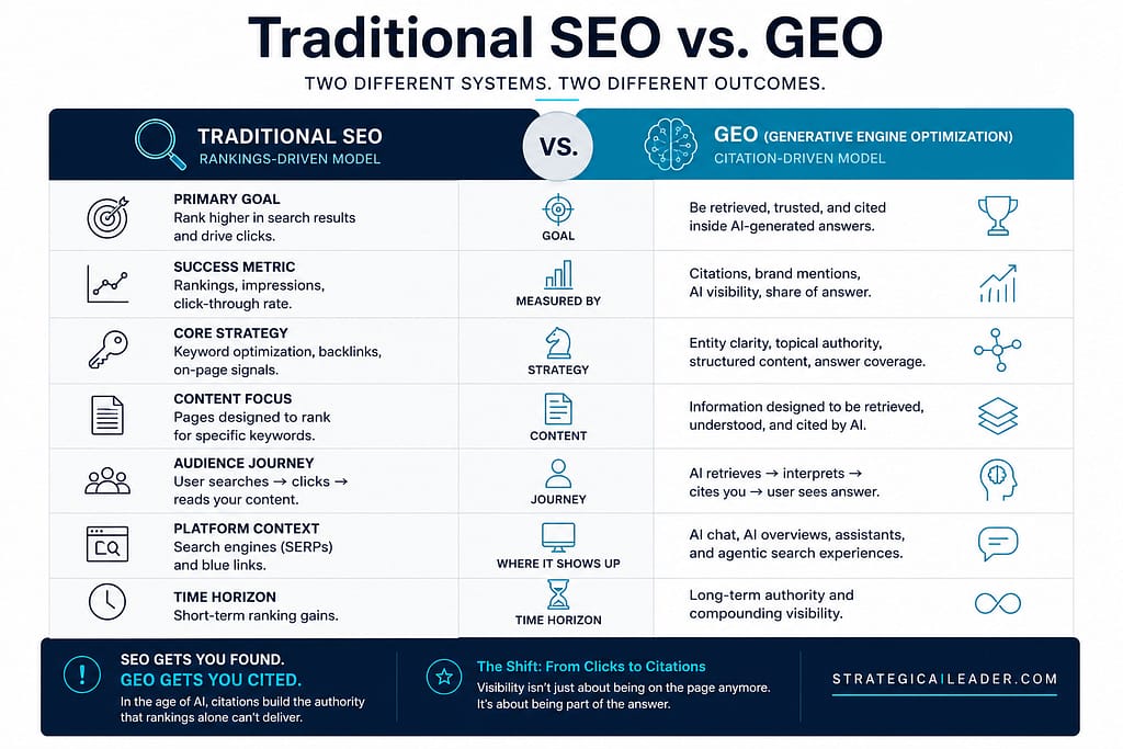 Comparison chart showing the differences between traditional SEO rankings and GEO citation-based AI visibility systems