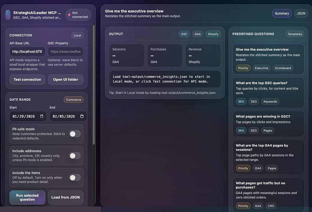 StrategicAILeader MCP dashboard interface displaying stitched data from Google Search Console GA4 and Shopify with executive overview metrics