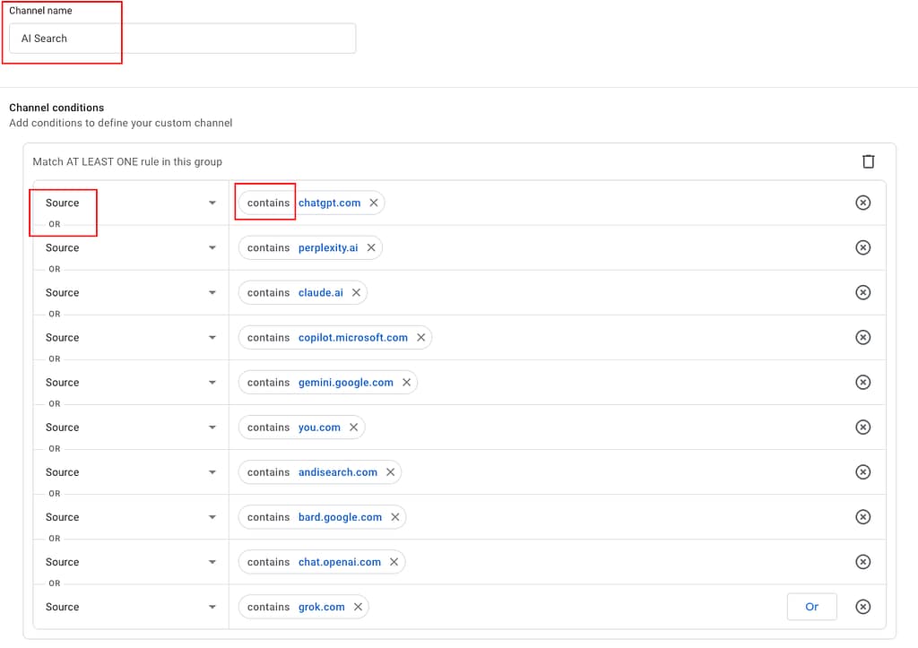 Google Analytics 4 custom channel group setup showing AI search referrers including ChatGPT, Perplexity, Claude, Copilot, Gemini, Bard, You.com, Andi, and Grok