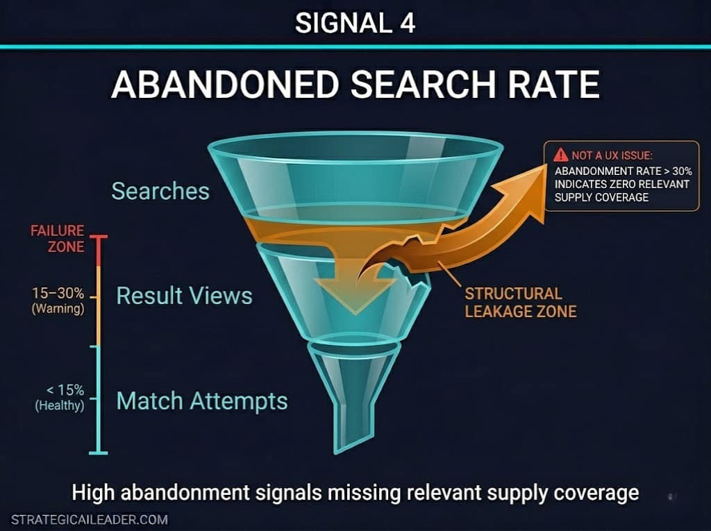 A funnel diagram for Signal 4 showing drop-off from Searches to Result Views and Match Attempts. A jagged orange "Structural Leakage Zone" arrow exits the funnel, with a benchmark scale identifying failure above 30 percent on a navy background.