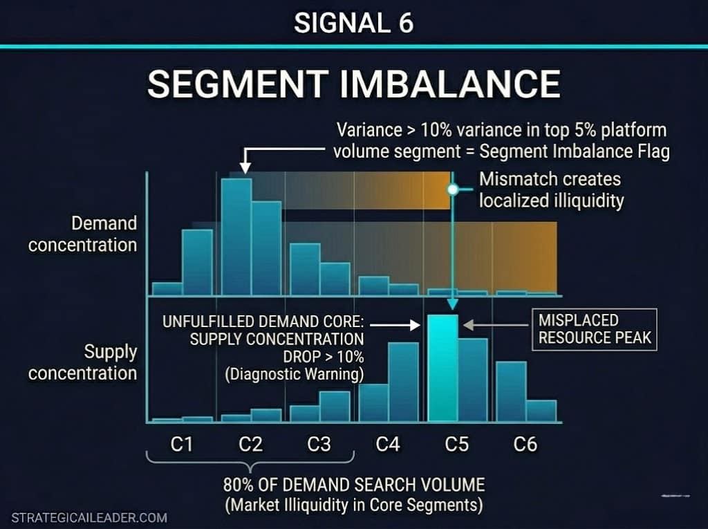 A distribution mismatch chart for Signal 6 comparing demand and supply concentration across segments. It highlights an unfulfilled demand core where supply drops more than 10 percent and identifies misplaced supply peaks on a navy background.