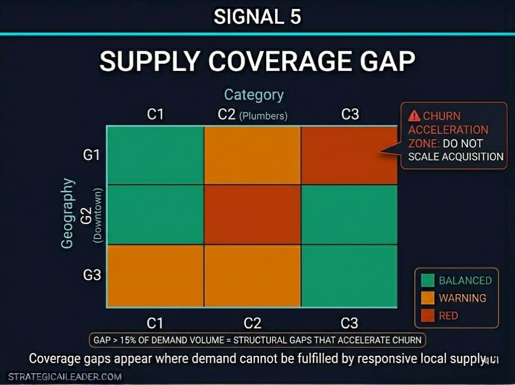 A heatmap grid for Signal 5 showing category versus geography. Cells are color-coded green for balanced, amber for warning, and red for structural gaps. A callout box on a red cell warns: Churn Acceleration Zone: Do not scale acquisition.