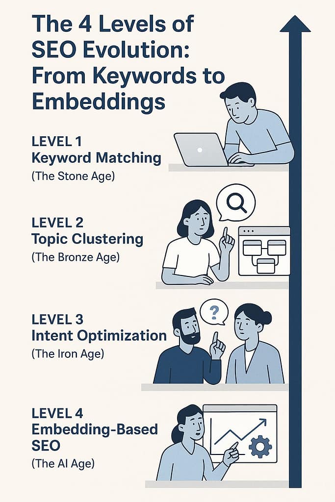 Infographic showing the 4 levels of SEO evolution from keyword matching to embedding-based SEO, with flat-style illustrations for each stage