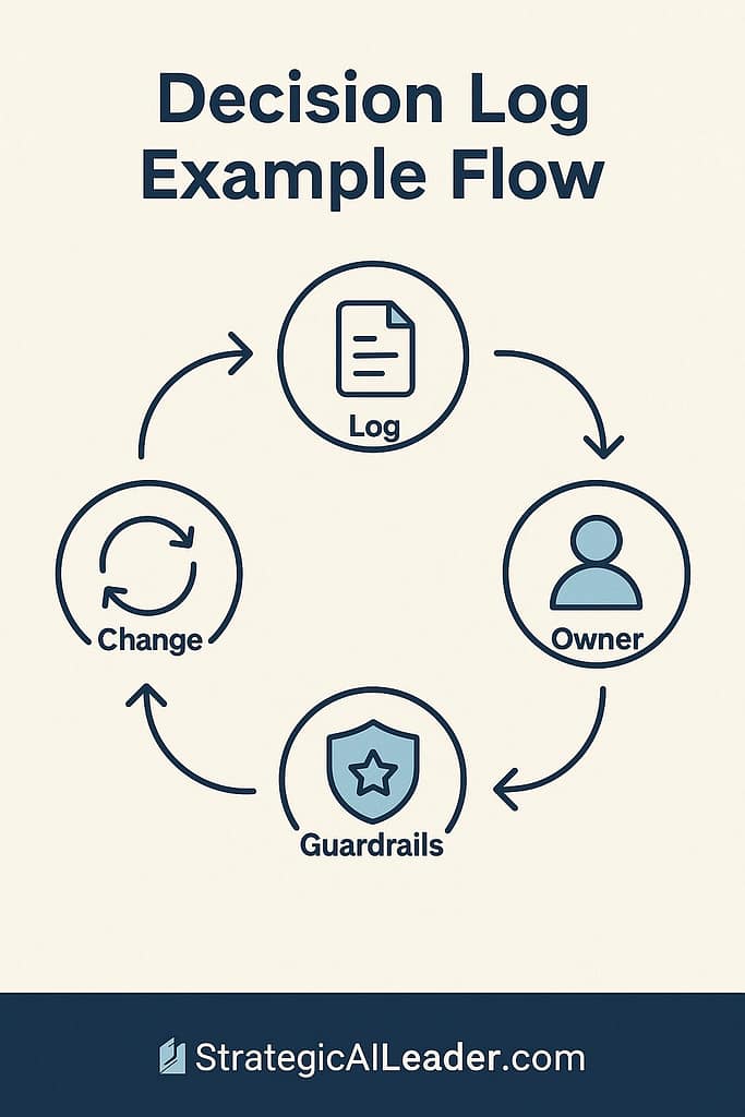 Flowchart infographic showing steps Change, Log, Owner, Review, and Guardrails connected in sequence to illustrate accountability and systemized memory