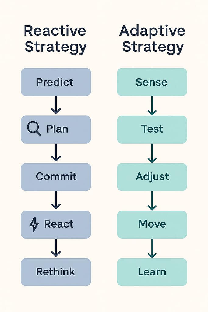 Flat design flowchart comparing reactive strategy steps—Predict, Plan, Commit, React, Rethink—with adaptive strategy steps—Sense, Test, Adjust, Move, Learn—using minimalist icons and clean layout.