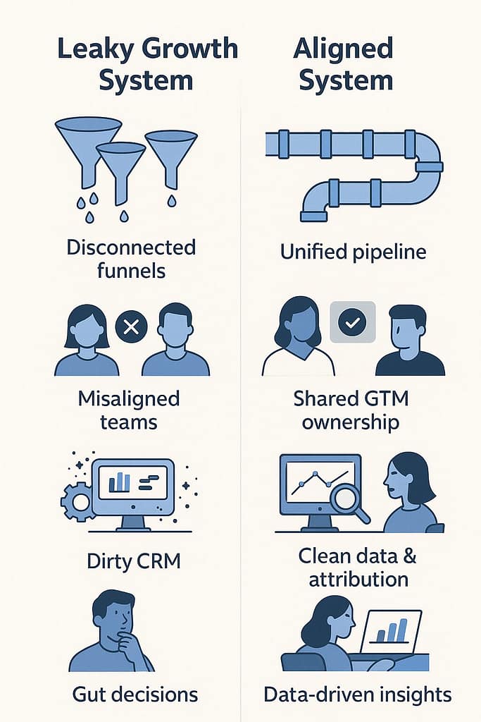 Flat-style infographic comparing leaky and aligned growth systems side-by-side, showing disconnected funnels, misaligned teams, dirty CRM, and gut decisions versus unified pipeline, shared GTM ownership, clean data, and data-driven insights.