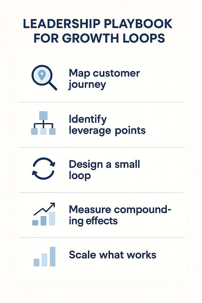 Flat-style infographic showing a 5-step leadership playbook for growth loops: map customer journey, identify leverage points, design a small loop, measure compounding effects, scale what works