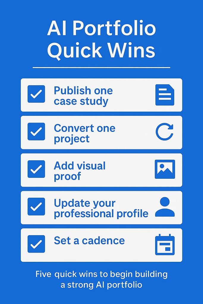 Checklist graphic showing five quick actions to build an AI portfolio