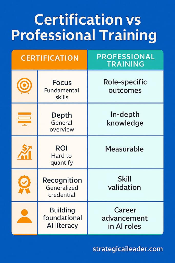 Flat-style infographic comparing certification and professional AI training across focus, depth, ROI, recognition, and career fit