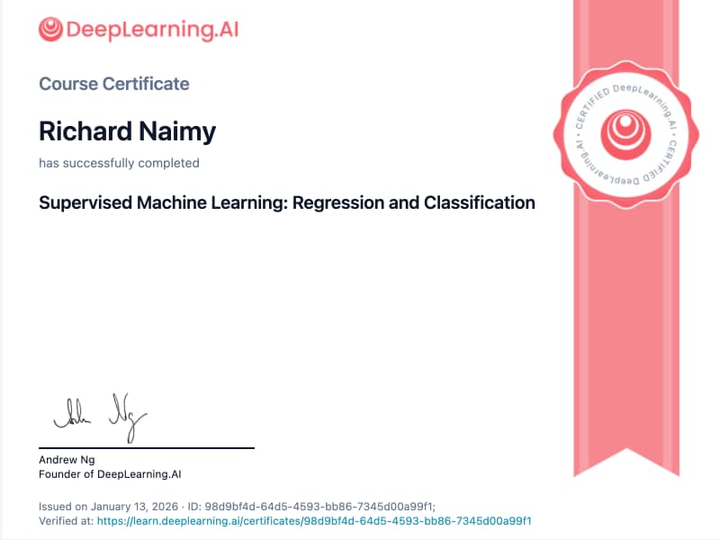 Supervised Machine Learning Regression and Classification certificate earned by Richard Naimy from DeepLearning.AI, signed by Andrew Ng